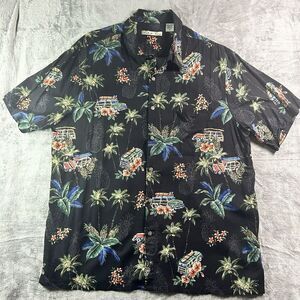 Batik Bay Bahama Hawaiian Shirt Mens Large Surf Woody Wagon Palm Black Pineapple
